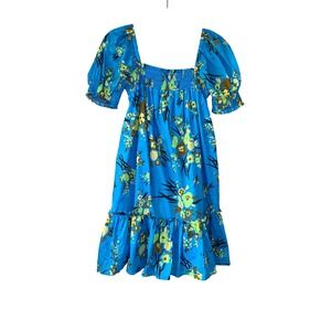 Tory Burch Blue Floral Print Ruffle Mini Dress Square Neck‎ Puff Sleeve Size L